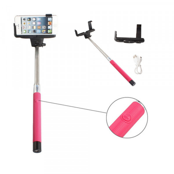 Wholesale Bluetooth Selfie Stick with Large Clip (Hot Pink)